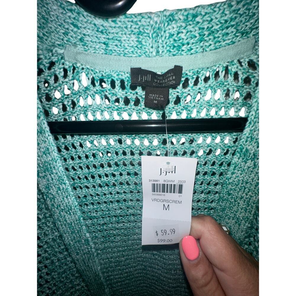 J. Jill Wearever Open Knit Cardigan Sweater Medium NWT Aqua Mint 100% Cotton - Picture 4 of 8